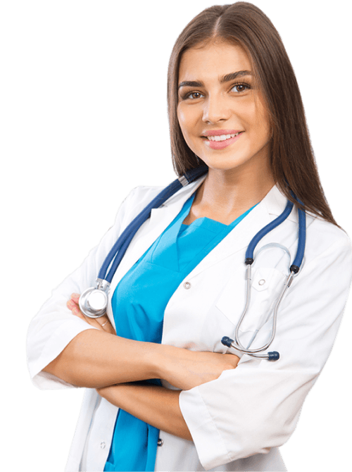A female doctor wearing a white coat